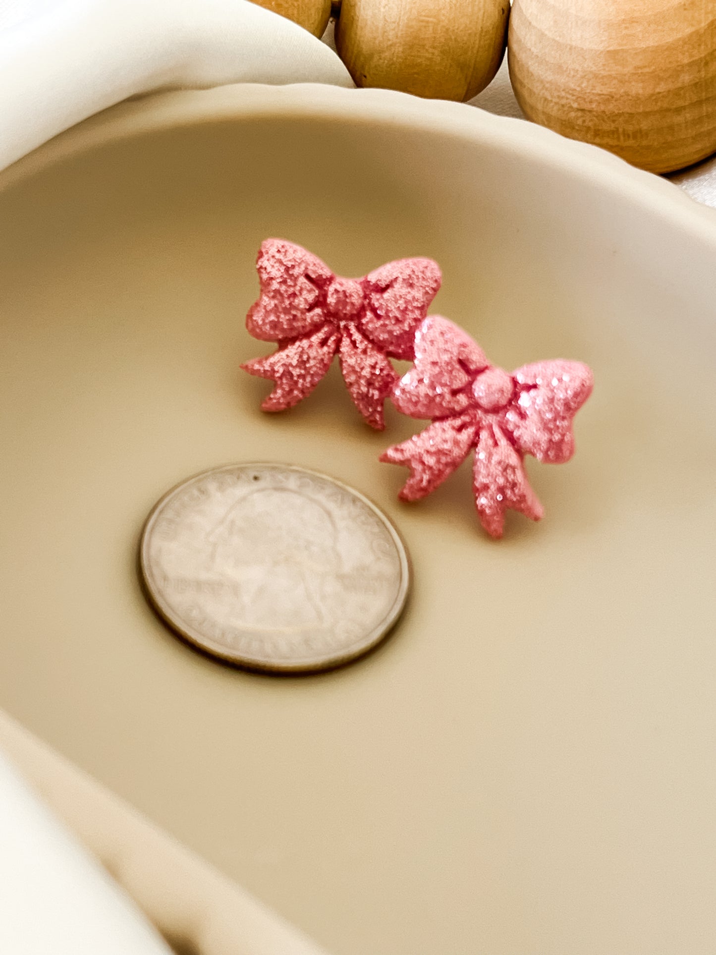 Classic Holiday Bow Studs - Pink Glitter