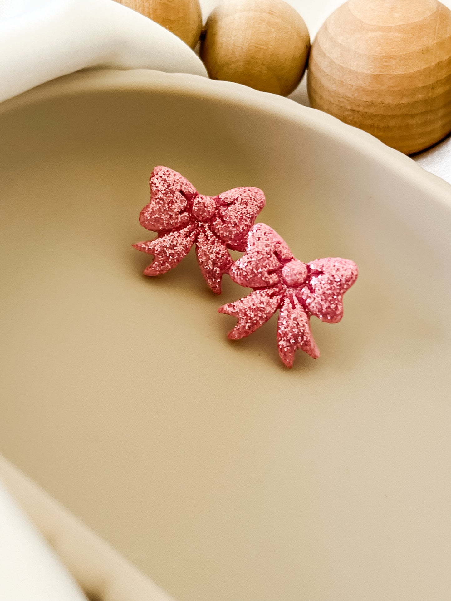 Classic Holiday Bow Studs - Pink Glitter